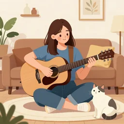 editorial illustration portrait of living room a girl paly guitar beside cat by mads berg christopher balaskas victo ngai