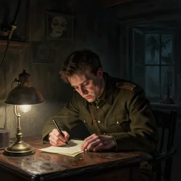 real life full portrait by beksinski and artgerm, matt damon as an american sergeant dreaming delirious while writing a letter under a table lamp, all alone at night, in a haunted cabin, year 1 9 4 2, scary, grand, wistful, horror, digital painting, extremely detailed, sharp focus, unreal engine, smooth render