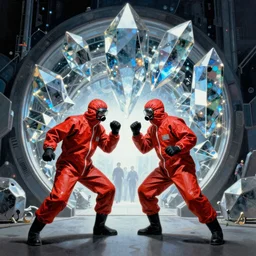 two scientist wearing red hazmat suits moshing at the entrance of the geometric energy crystal dimensional gateway by frank frazetta