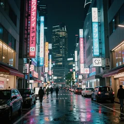 cyberpunk Tokyo street after rain,  35mm lens, beautiful panoramic imagery, vibrantly lush neon lighting, beautiful volumetric-lighting-style atmosphere, a futuristic atmosphere, intricate, ultra detailed, photorealistic imagery, trending on artstation, 4k, 8k