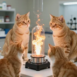 1 9 8 0's color photo, cute orange cats, supervising explosive laboratory experiment