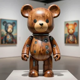 8 k octane render sculpture photorealistic beautiful character wooden design, art toys collectible figurine, mascot very cute bear robot cyberpunk, contemporary art gallery in background concept art cgsociety by peter mohrbacher, hajime sorayama, wayne barlowe, boris vallejo, aaron horkey, gaston bussiere