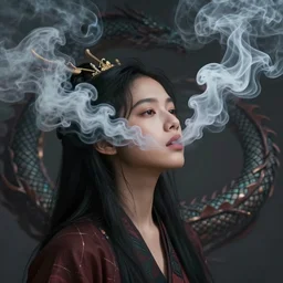 a beautiful filipino woman who is also a dragon breathing incredible smoke, thought provoking, matte colors, very very very dramatic lighting, abstract and inspiring digital art trending on artstation