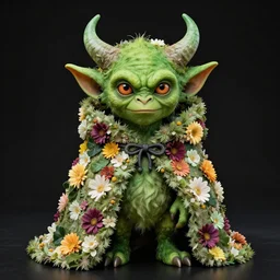 a green-horned goblin monster wearing a cloak made of flowers, by Omar Z. Robles, CANON Eos C300, ƒ1.8, 35mm, 8K, medium-format print