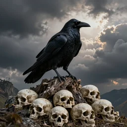 dark raven perch on a mountain of skulls