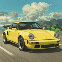 Porsche 911 Turbo, beautiful lighting, in the style of studio ghibli, artwork by Hayao Miyazaki and Isao Takahata, highly detailed, 8K, smooth, cinematic, vibrant colors, trending on artstation, japanese animation, stunning artistry and soaring imagination