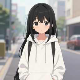 black haired girl wearing hoodie, city, gelbooru