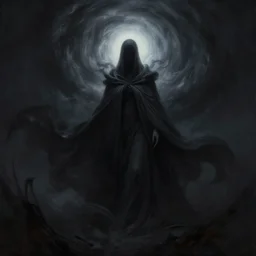the keeper of the eternal void, ethereal being, swirling black cloak, dark and brooding, volumetric light, rendered in octane, matte fantasy painting, high res, by brom, by peter mohrbacher