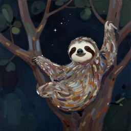 a cute sloth hanging on a tree on a beautiful dark night with stars, everything made of thick flowing dramatic brush strokes, abstract impressionism, matte colors, trending on artstation