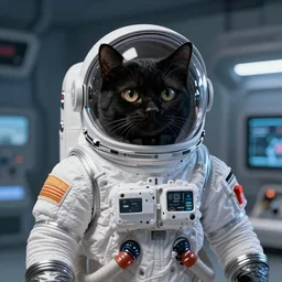 black cat in a space suit in style of retro-futurism, 4k, hyper realistic,