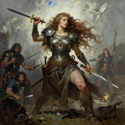An oil painting of a celtic berserker woman with daggers by Frank Frazetta, Greg Rutkowski, Boris Vallejo, epic fantasy character art, Exquisite detail, post-processing, low angle, masterpiece, cinematic