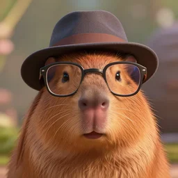 front closeup portrait of the stylish furry capibara, hat and lenon glasses, long trimmed hair, fashion editorial photography, cartoon, pixar, disney, lucasfilm, bokeh, photorealistic, highly detailed, extreme details, 5 0 mm, stylized