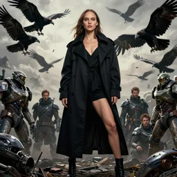 beautiful fantasy character portrait, natalie portman, wearing oversized black trench coat, ultra realistic, wide angle, dramatic lighting, vultures, very seductive pose, mass effect artifacts, highly detailed by peter mohrbacher, hajime sorayama, wayne barlowe, boris vallejo, aaron horkey, gaston bussiere, craig mullins
