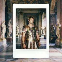 cursed polaroid photograph of a man wearing roman emperor clothing in a pristine marble palace with romans, photorealistic, dramatic lighting, intricate details