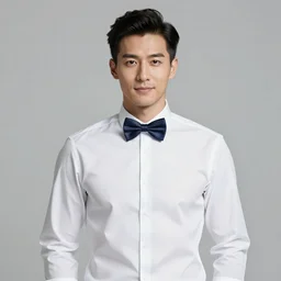 handsome man wearing a white shirt, a bow tie, medium shot, photography, high quality, studio lighting, 4k,
