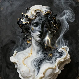 black fluid simulation, 3 d face render, female model portrait, smoke sculpture, intricate fractal patterns, beautiful female body silhouette melting, swirly color mix in white paint, white carved abstract sculpture, black mineral quartz sculpt, neon lights, swirly curls fractal gold, abstract white fluid, golden edges and fractals, artstation, render, cinematic light, art noveau fresco ink, renessaince paint, liquid acrylic painting