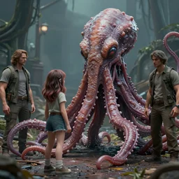 a still scene from movie about a girl vs tentacles monster by neville page, ken barthelmey, carlos huante and doug chiang, sharp focus, trending on artstation, hyper realism, octane render, 8 k, hyper detailed, ultra detailed, highly detailed, zbrush, concept art, creature design