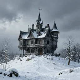 haunted mansion on a snowy hill by simon stalenhag, matte painting