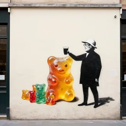( gummy bears and grandes ) street art by!!! banksy!!!. in the style of max wertheimer, wolfgang kohler, kurt koffka