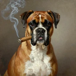 regal portrait of boxer dog smoking a cigar 50mm painting