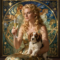 cinematic lighting. blonde with glass of champagne in her hand and a spaniel puppy on her lap. art by mucha