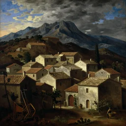 a beautiful oil painting of a quaint village with mountains by Bartolomé Esteban Murillo