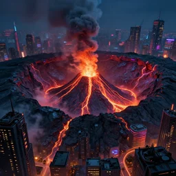 a cyberpunk city in the crater of a volcano, lava flowing, smoke, fire, neon, industrial, by paul lehr