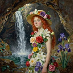 oil painting, social realism, cave with waterfall, redheaded girl wearing a hat of flowers and dress of fresh flowers, decorated with flowers, roses, lilies, chrysanthemums, irises, water drops, water jets, overhead light, salvador dali style 4 k, 8 k