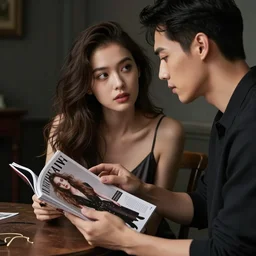 -A man is standing next to table and watching the fashion magazine, he trasforms his face into a copy of female model's face which is in the fashion magazine.