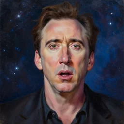 nicholas cage amazed expression, cosmic starfield background oil painting masterwork trending on artstation