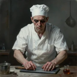 a creepy butcher in the style of Anton Semenov, realistic painting, high definition, digital art, matte painting, very detailed, realistic
