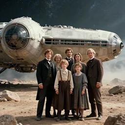 highly detailed, 513435456k film, 806400mm film still from a sci fi blockbuster color movie made in 2019, set in 1860, of a family standing in front of a spaceship that has just landed on an alien planet, the family are all wearing 1860s era clothes, good lighting, good photography, ultra high definition