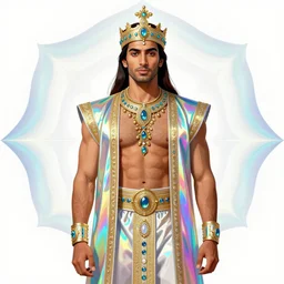 the emperor, olive skin, persian parsi man, masculine exotic fairy king, holographic, kaleidoscope, psychedelic, fashion illustration, leyendecker menswear, parade magazine, cosmic energy by kelly mckernan, yoshitaka amano, gustav klimt, hiroshi yoshida, moebius, artgerm, bright pastel colors, inspired by dnd, iridescent rainbow aesthetic, 4 k, anime, manga, digital art, artstation, wlop, trending on artstation, centered, symmetrical and detailed