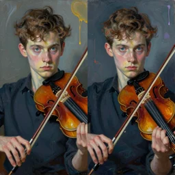 portrait of two young nervous violin players getting ready to perform, half figure front, vincent lefevre and pat steir and hilma af klint, psychological, photorealistic, symmetrical faces, intriguing eyes, dripping paint, washy brush, rendered in octane, altermodern, masterpiece