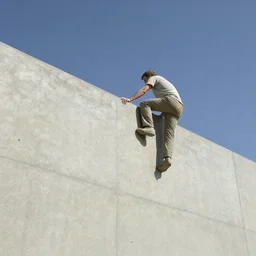 man made of clay climbing on giant concrete straight ledge