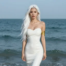 portrait of a beautiful woman with long white hair in a white latex dress standing in the middle of the ocean, very beautiful style, she is wrapped in gold, photorealism john singer sargent edgard maxence