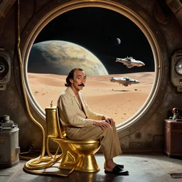 background : a huge circle porthole in which space is visible, planet arrakis, spaceships | foreground : salvador dali sits on gold toilet with many gold pipes | from the movie by alejandro jodorowsky with cinematogrophy of christopher doyle and art direction by hans giger, anamorphic lens, kodakchrome, 8 k