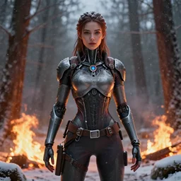 hyperrealistic beautiful cinematic cyborg time traveler, forest fire, snowing, stunning 3 d render inspired by istvan sandorfi & greg rutkowski, perfect symmetry, dim volumetric cinematic lighting, 8 k octane comprehensive render, extremely mega hyper - detailed and lifelike attributes & atmosphere, intricate, realistic flesh texture, masterpiece, artstation, stunning,