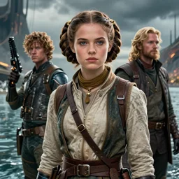 detailed ultrarealistic photography front medium shot of starwars, fantasy, waterworld, postapocalyptic, cyberpunk cyborg nomad leia girl, leyendecker, norman rockwell, greg rutkowski, artstation cinematic, vray game of thrones, lord of the rings