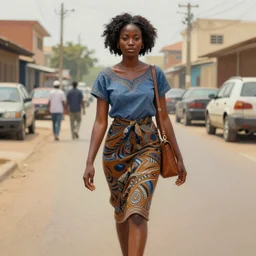 portrait of a young beautiful african woman walking in lagos streets sketch style painting