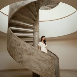 two elegant spiral staircases rise up to a landing,  a beautiful girl with long dark hair, dressed in white , stands at the bottom of the staircase