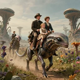 film still from a sci fi blockbuster movie made in 2022, set in 1860, of a family riding on the back of alien creatures, on an alien planet, across the alien landscape that is full of strange wild alien plants and flowers, family are wearing 1850s era clothes, steampunk, good lighting, 4k, in focus faces, good quality photography, oscar winner