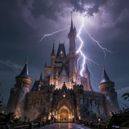 realistic photo of lightening strike on futuristic castle, sharp focus, wide angle shot, in the style of greg rutswoski, very hyper realistic, highly detailed, fantasy art station