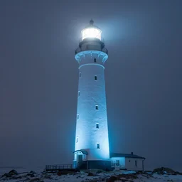epic huge soviet lighthouse in arctic, no frame, foggy, volumetric lighting, epic blue glow, by greg rutkowsky, shishkin and aivazovsky