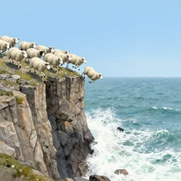 forty five white sheep racing towards a cliff made of jagged rock and we can see them falling like lemmings down the cliff into the sea and facing the crashing white waves, there is one single black sheep going against the crowd, clear blue skies, old colored sketching, panoramic shot