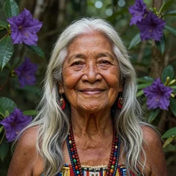 a beautiful portrait of a smiling and noble indigenous old woman with white long hair in the amazon jungle surrounded by purple flowers of brunfelsia grandiflora, matte painting, by christophe vacher