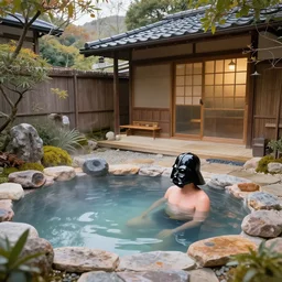 hyperrealism composition of the detailed japanese house with a hot springs in the garden, detailed darth vader bathe in a hot spring, fireworks on the background, pop - art style, jacky tsai style, andy warhol style, roy lichtenstein style, acrylic on canvas