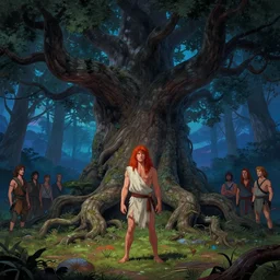 a red - haired man in a loincloth stands in front of a massive gnarled tree with twisted roots in a forest at twlight, highly detailed, magic fantasy, digital art, vibrant colors, keyframe illustration, trending on artstation, andreas rocha, sylvain sarrailh, darek zabrocki, finnian macmanus, dylan cole, liang mark, albert bierstadt, sung choi, peter mohrbacher, greg rutkowski