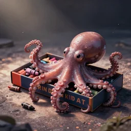 crayon box with octopus tentacles creeping out of it