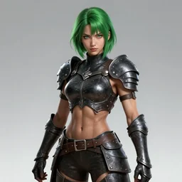 muscular young female warrior in dark leather armor with studs, short green hair, fantasy, art by joseph leyendecker, peter mohrbacher, ruan jia, finnian macmanus, marc simonetti, dean cornwell, ayami kojima, vasnetsov, cedric peyravernay, alphonse mucha